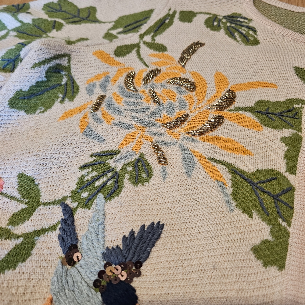 Anthropologie Floral Embroidered Cardigan - Cream and Green - Picture 5 of 9